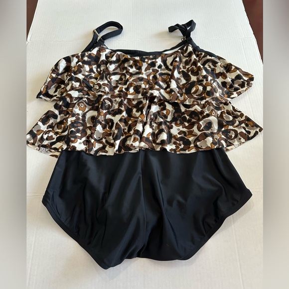 Maxine of Hollywood Ruffle Top One Piece Black & Brown Swimsuit size L/XL - Picture 8 of 10
